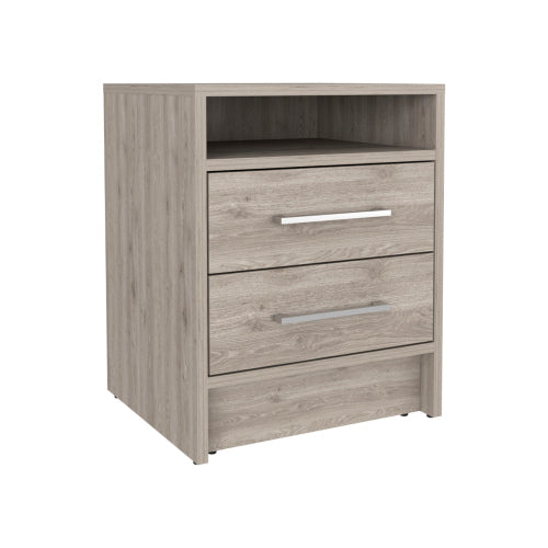 Light Gray 2-Drawer Nightstand with Open Shelf & Metal Handles, 19.9inchH