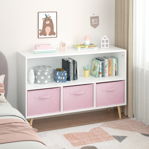 Kids Bookcase with Fabric Drawers and Toy Storage Organizer, White/Pink
