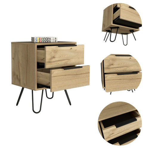 Light Oak Nightstand, 2-Drawer Bedside Table with Metal Hairpin Legs Compact Side Table