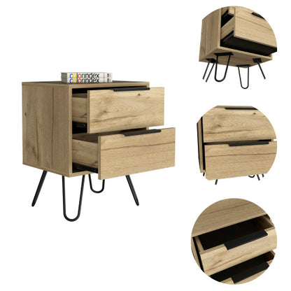 Light Oak Nightstand, 2-Drawer Bedside Table with Metal Hairpin Legs Compact Side Table