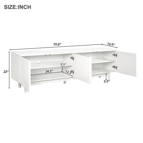 70.8 Inch White Minimalist Arch Door TV Stand Solid Pine Leg Media Console Adjustable Shelves Fits 78 Inch TV