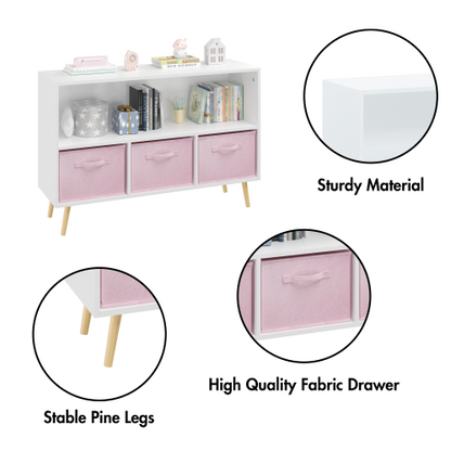 Kids Bookcase with Fabric Drawers and Toy Storage Organizer, White/Pink