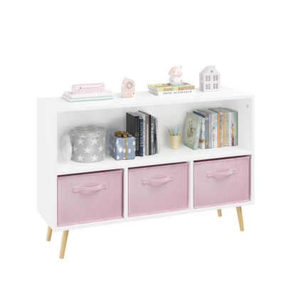 Kids Bookcase with Fabric Drawers and Toy Storage Organizer, White/Pink