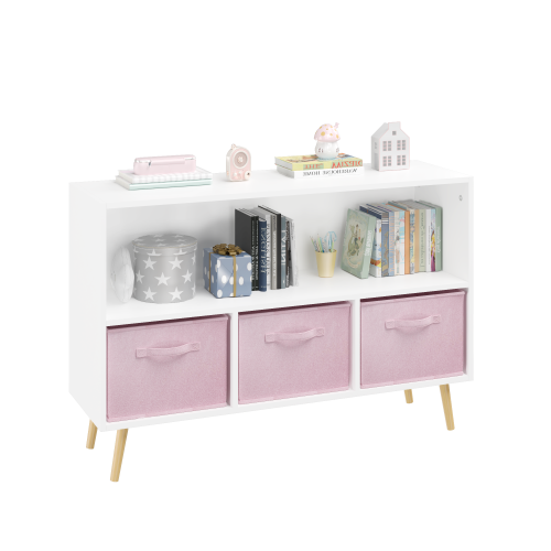 Kids Bookcase with Fabric Drawers and Toy Storage Organizer, White/Pink