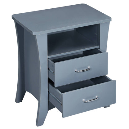 Grey Nightstand with 2 Drawers and Open Shelf, Modern Bedside Table Storage Cabinet for Bedroom