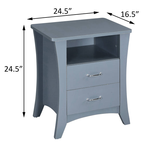 Grey Nightstand with 2 Drawers and Open Shelf, Modern Bedside Table Storage Cabinet for Bedroom