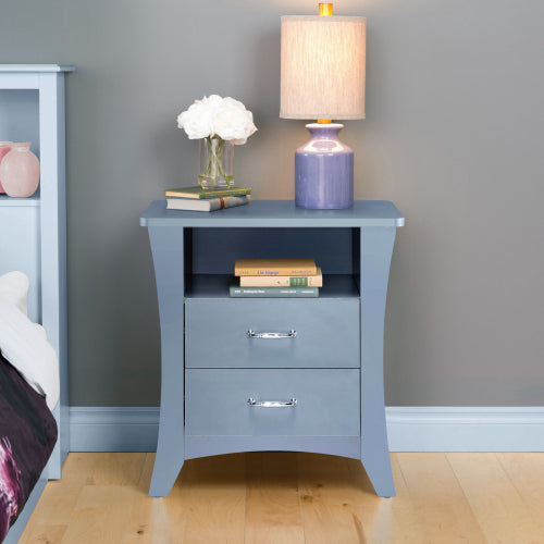Grey Nightstand with 2 Drawers and Open Shelf, Modern Bedside Table Storage Cabinet for Bedroom