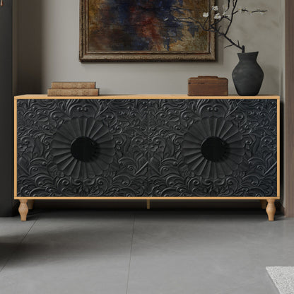 Black Carved Symmetrical Door TV Stand Wood Frame Storage Cabinet for Living Room Entryway