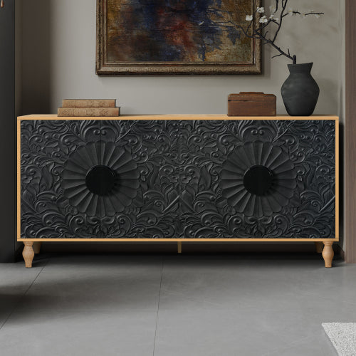 Black Carved Symmetrical Door TV Stand Wood Frame Storage Cabinet for Living Room Entryway