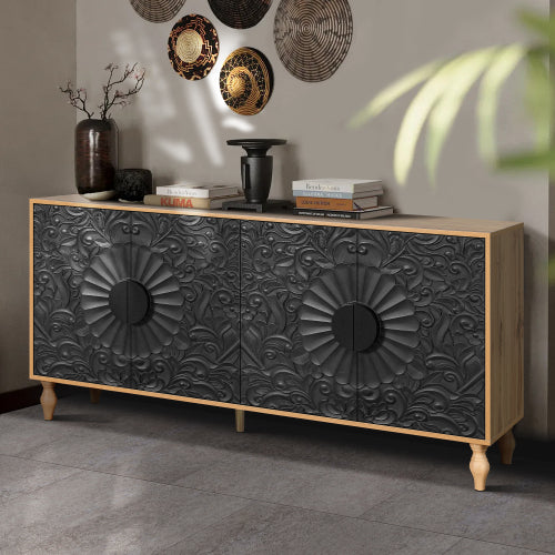 Black Carved Symmetrical Door TV Stand Wood Frame Storage Cabinet for Living Room Entryway