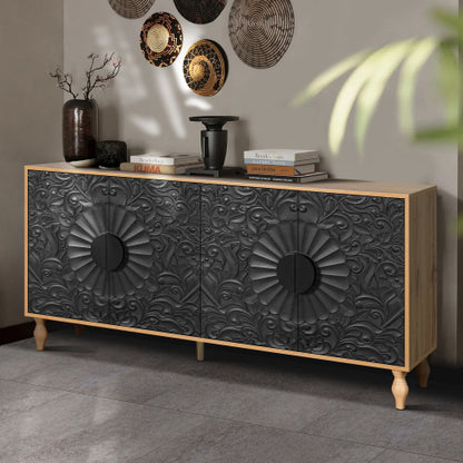 Black Carved Symmetrical Door TV Stand Wood Frame Storage Cabinet for Living Room Entryway