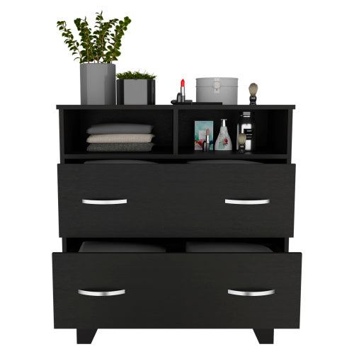 Two Drawer Dresser, Two Open Shelves, Superior Top, Four Legs -Black
