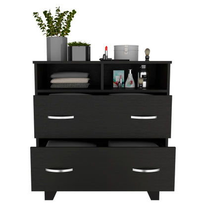 Two Drawer Dresser, Two Open Shelves, Superior Top, Four Legs -Black