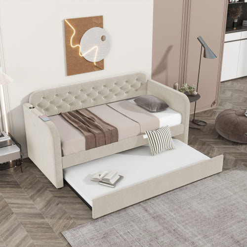 Twin Size Upholstered Daybed with Trundle and USB Charging Design, Velvet Upholstered Daybed Frame, Twin Sofa Bed for Living Room Bedroom, No Box Spring Needed,Plush velvet fabric LIGHT BEIGE 2#