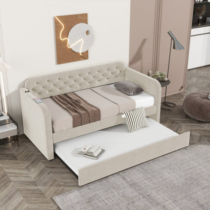 Twin Size Upholstered Daybed with Trundle and USB Charging Design, Velvet Upholstered Daybed Frame, Twin Sofa Bed for Living Room Bedroom, No Box Spring Needed,Plush velvet fabric LIGHT BEIGE 2#