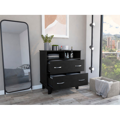 Two Drawer Dresser, Two Open Shelves, Superior Top, Four Legs -Black