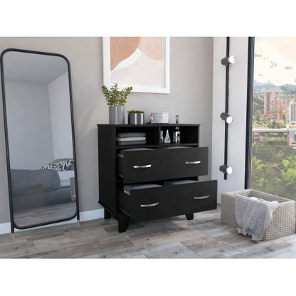 Two Drawer Dresser, Two Open Shelves, Superior Top, Four Legs -Black