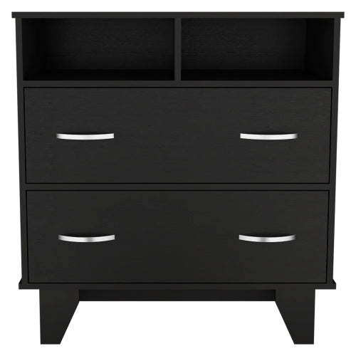Two Drawer Dresser, Two Open Shelves, Superior Top, Four Legs -Black