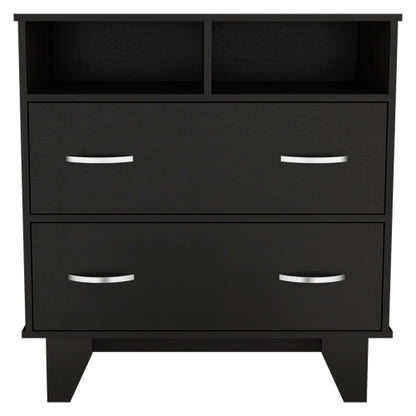 Two Drawer Dresser, Two Open Shelves, Superior Top, Four Legs -Black