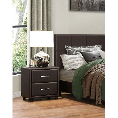 Dark Brown Faux Leather Nightstand with 2 Drawers, Contemporary Bedroom Storage Table