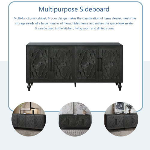 Black Carved Flower Door Storage Cabinet Metal Handle Large Hall Console TV Stand