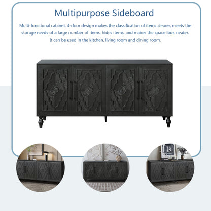 Black Carved Flower Door Storage Cabinet Metal Handle Large Hall Console TV Stand