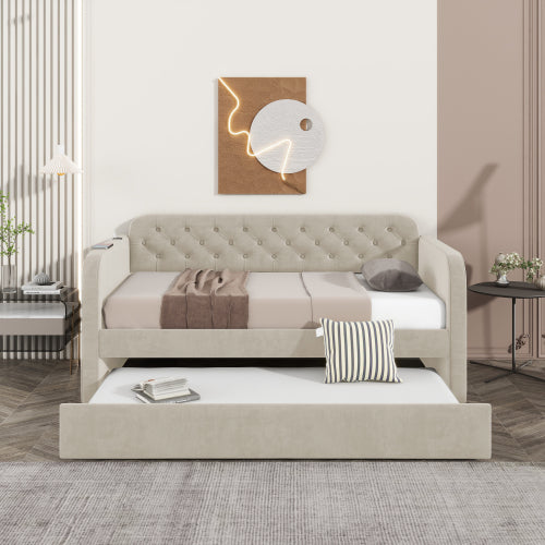 Twin Size Upholstered Daybed with Trundle and USB Charging Design, Velvet Upholstered Daybed Frame, Twin Sofa Bed for Living Room Bedroom, No Box Spring Needed,Plush velvet fabric LIGHT BEIGE 2#