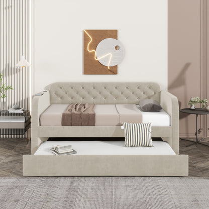 Twin Size Upholstered Daybed with Trundle and USB Charging Design, Velvet Upholstered Daybed Frame, Twin Sofa Bed for Living Room Bedroom, No Box Spring Needed,Plush velvet fabric LIGHT BEIGE 2#