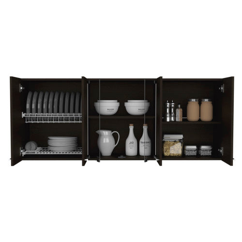 Black Wall Cabinet with Glass Doors and Dish Rack