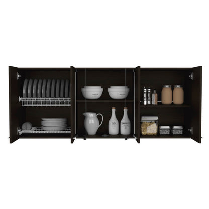 Black Wall Cabinet with Glass Doors and Dish Rack