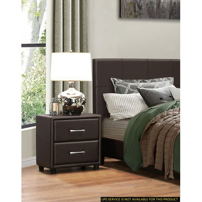 Dark Brown Faux Leather Nightstand with 2 Drawers, Contemporary Bedroom Storage Table