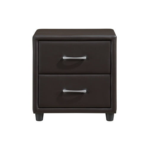 Dark Brown Faux Leather Nightstand with 2 Drawers, Contemporary Bedroom Storage Table