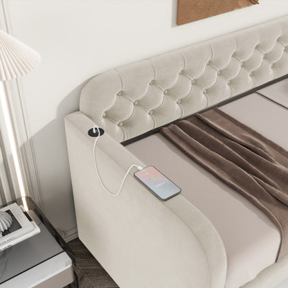 Twin Size Upholstered Daybed with Trundle and USB Charging Design, Velvet Upholstered Daybed Frame, Twin Sofa Bed for Living Room Bedroom, No Box Spring Needed,Plush velvet fabric LIGHT BEIGE 2#