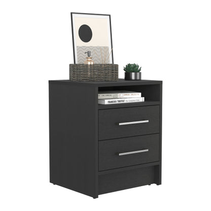 Black Nightstand with 2 Drawers & Open Shelf