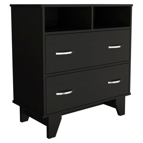 Two Drawer Dresser, Two Open Shelves, Superior Top, Four Legs -Black