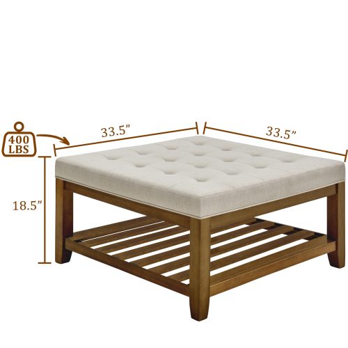 Upholstered Coffee Table Tufted Linen Large Square Ottoman with Beech Wood Shelf and Frame, Oversized Footrest Ottoman for Living Room,Office,Bedroom,Outdoor IVORY
