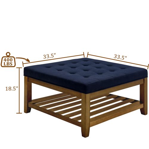 33.5 inch Navy Blue Tufted Linen Square Ottoman Coffee Table, Beech Wood Frame Storage Footrest Stool