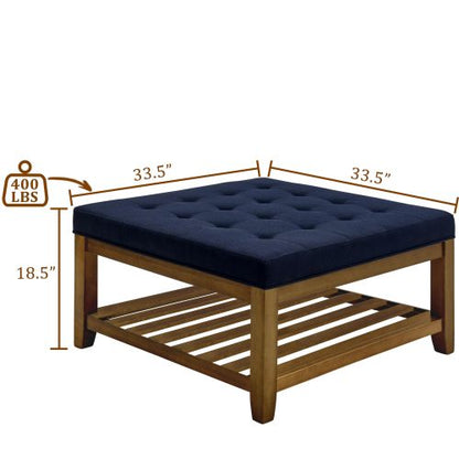 33.5 inch Navy Blue Tufted Linen Square Ottoman Coffee Table, Beech Wood Frame Storage Footrest Stool