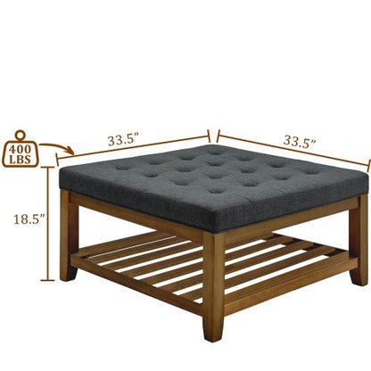 33.5 inch Dark Gray Tufted Linen Square Ottoman Coffee Table, Beech Wood Frame Storage Footrest Ottoman