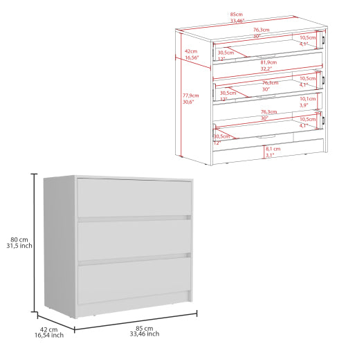 Three Drawer Dresser, Pull Out Mechanism-White