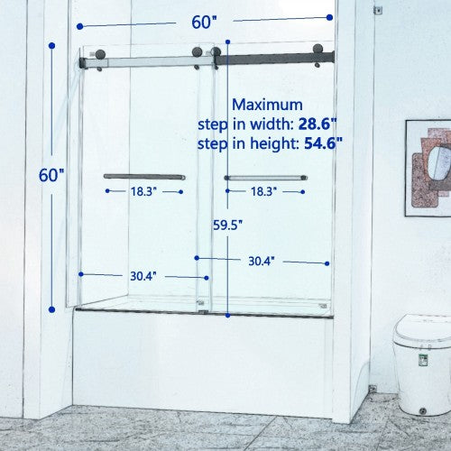 56-60"W x 60"H Frameless Double Sliding Tub Shower Door, 304 Stainless Steel in Matte Black, 5/16" (8mm) Thick SGCC Tempered Clear Glass.
