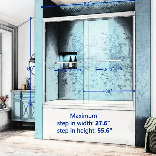 56-60"W x 60"H Double Sliding Tub Shower Door, Aluminium Alloy Frame in Chrome, 1/4" (6mm) Thick SGCC Tempered Clear Glass.