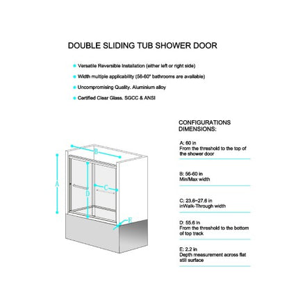 56-60"W x 60"H Double Sliding Tub Shower Door, Aluminium Alloy Frame in Chrome, 1/4" (6mm) Thick SGCC Tempered Clear Glass.