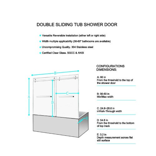 56-60"W x 60"H Frameless Double Sliding Tub Shower Door, 304 Stainless Steel in Matte Black, 5/16" (8mm) Thick SGCC Tempered Clear Glass.