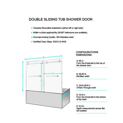 56-60"W x 60"H Frameless Double Sliding Tub Shower Door, 304 Stainless Steel in Matte Black, 5/16" (8mm) Thick SGCC Tempered Clear Glass.