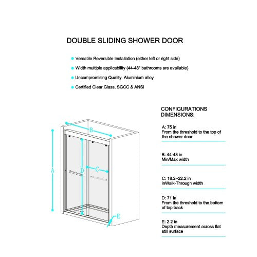 44-48"W x 75"H Double Sliding Shower Door, Aluminium Alloy Frame in Matte Black, 5/16" (8mm) Thick SGCC Tempered Clear Glass
