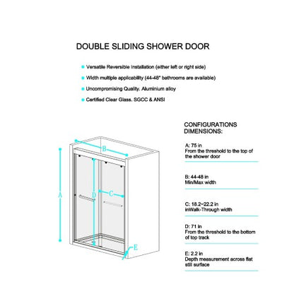 44-48"W x 75"H Double Sliding Shower Door, Aluminium Alloy Frame in Matte Black, 5/16" (8mm) Thick SGCC Tempered Clear Glass