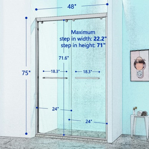 44-48"W x 75"H Double Sliding Shower Door, Aluminium Alloy Frame in Matte Black, 5/16" (8mm) Thick SGCC Tempered Clear Glass