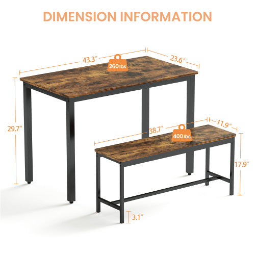 3-Piece Rustic Brown & Black Dining Set, Table & 2 Benches