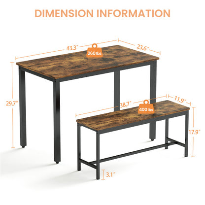 3-Piece Rustic Brown & Black Dining Set, Table & 2 Benches
